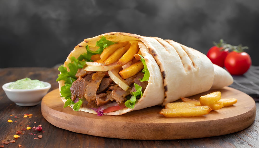 Döner Kebab Doner Kebap fast food meal in flatbread with fries on a wooden board panorama board